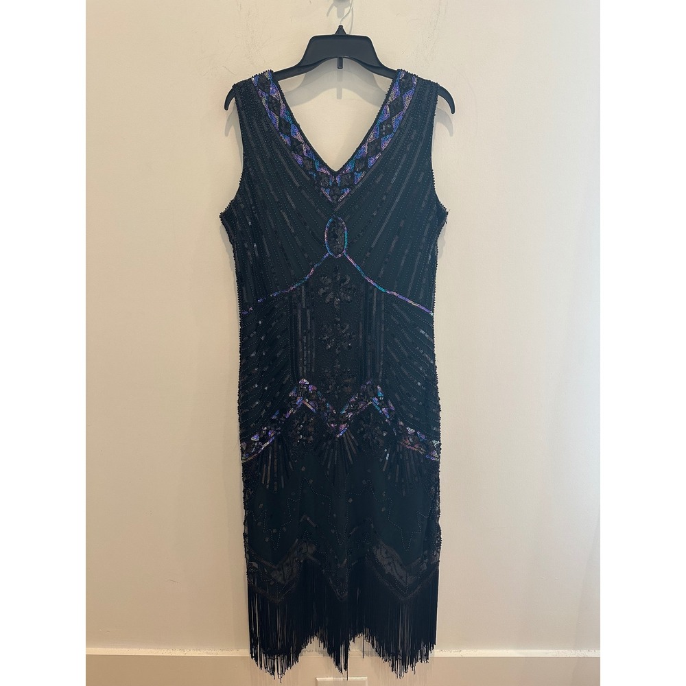 Vintage Style Flapper Dress Black Green Sequin Beaded Fringe Gatsby XL Halloween